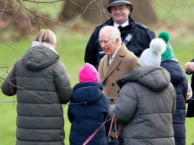 King Charles III talks with members off the public as he attends the Sunday service at the Church of St Mary Magdalene on the Sandringham estate on January 7, 2024 in Sandringham, England 