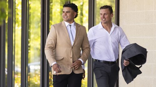 NRL players Latrell Mitchell and Jack Wighton arrive at ACT Magistrates Court, in Canberra on Tuesday 31 October 2023. fedpol Photo: Alex Ellinghausen