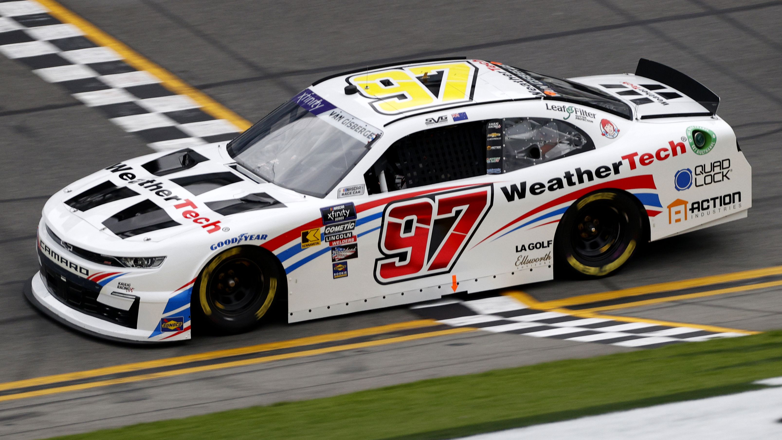 Shane Van Gisbergen in the No.97 Kaulig Racing WeatherTech Chevrolet Camaro enters the front stretch during practice for the NASCAR Xfinity Series at Daytona International Speedway.