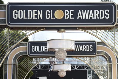 Event signage appears above the red carpet at the 77th annual Golden Globe Awards, Sunday, Jan. 5, 2020, in Beverly Hills, Calif. 