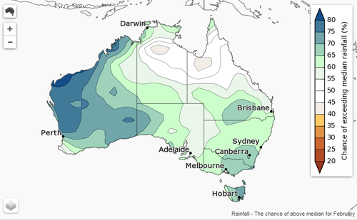 The February monthly outlook for rainfall. (Bureau of Meteorology)