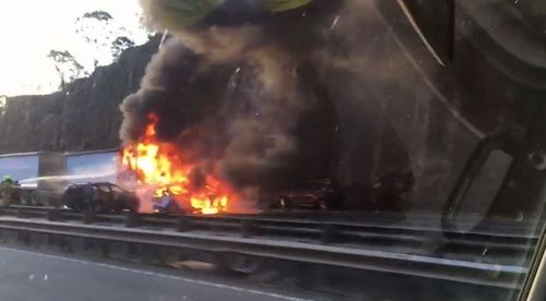 The car burst into ball of flames on collision. Picture: 9NEWS