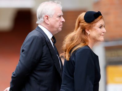 Prince Andrew, Duke of York and Sarah Ferguson, Duchess of York attend the Requiem Mass of Katharine, Duchess of Kent at Westminster Cathedral on September 16, 2025 in London, England. 