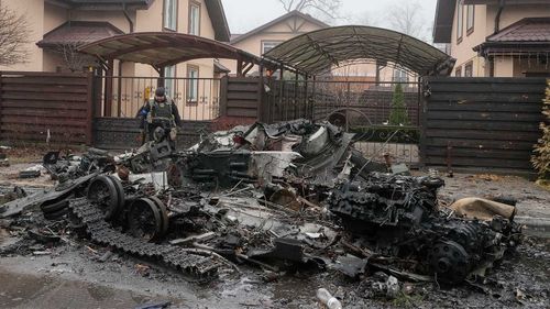 The remains of a destroyed Russian tank in Irpin, on the outskirts of Kyiv.