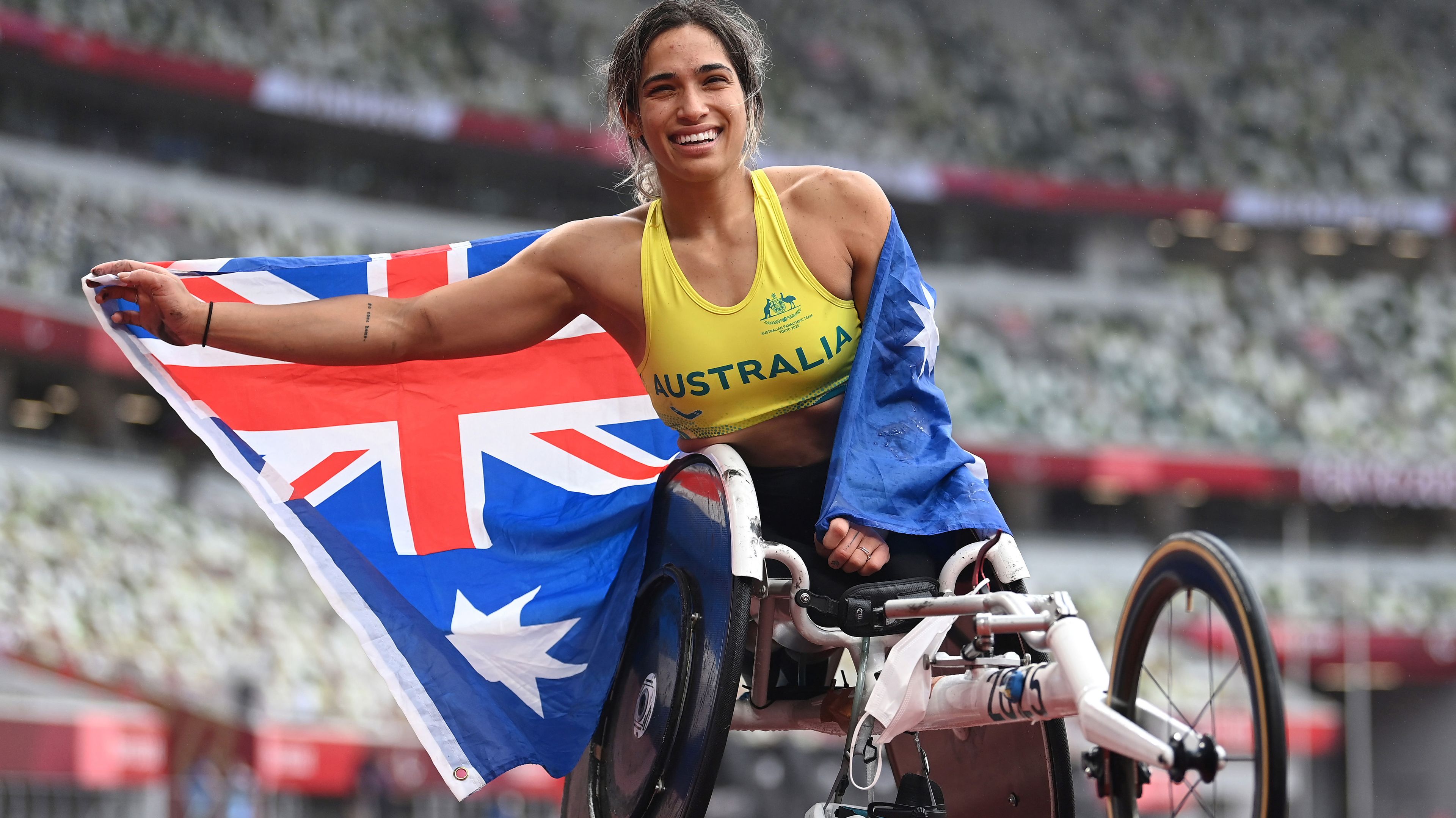 Madison de Rozario reacts after winning the gold medal in the women&#x27;s marathon at the Tokyo 2020 Paralympic Games. 