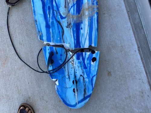 Toby Begg's board after he was attacked by a shark in Port Macquarie.