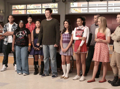 Glee cast photo - Cory Monteith, Naya Rivera, Mark Salling, Lea Michele, Dianna Agron, Chris Colfer, Amber Riley, Kevin McHale and Jenna Ushkowitz.