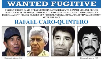 FILE - This image released by the FBI shows the wanted poster for Rafael Caro-Quintero, who was behind the killing of a U.S. DEA agent in 1985. Caro-Quintero has been captured by Mexican forces nearly a decade after walking out of a Mexican prison and returning to drug trafficking, an official with Mexico&#x27;s navy confirmed Friday, July 15, 2022. (FBI via AP, File)