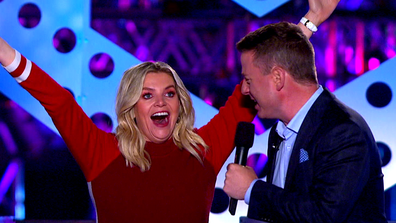 Rebecca Maddern and Ben Fordham hosting Australian Ninja Warrior in 2020. 