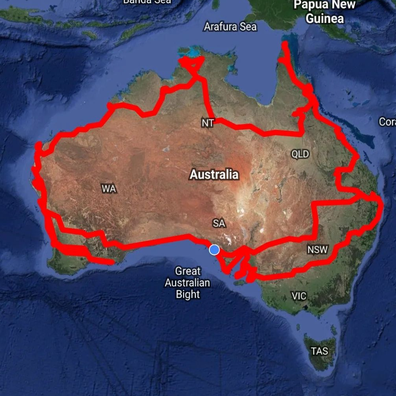 A map of Australia with a looped route drawn on it in red. Auswide Explorers