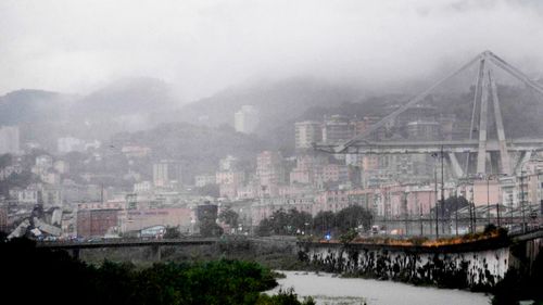 A view of the collapsed Morandi highway bridge in Genoa, Italy.