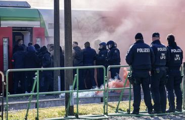 Hundreds of German local state police and federal police practice tactics in preparation for the European Championship in the village of Stützerbach.