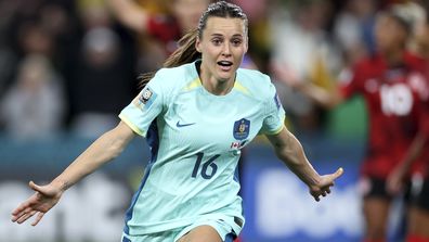 Australia&#x27;s Hayley Raso celebrates after scoring her side&#x27;s second goal during the Women&#x27;s World Cup Group B soccer match between Australia and Canada in Melbourne, Australia, Monday, July 31, 2023.