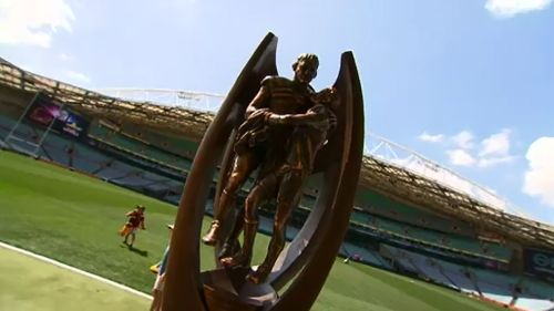 The Provan-Summons trophy has arrived at Sydney's ANZ Stadium ahead of the Sunday grand final. (9NEWS)
