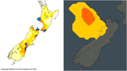 Rainfall across New Zealand in the past 24 hours (blue&gt;50mm, MetService), and thunderstorms forecast for the country today. (Weatherzone)