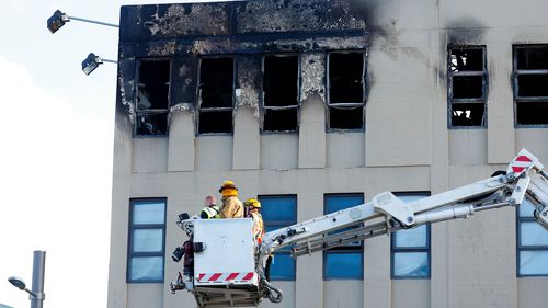 A general view of the scene after a fire at Loafers Lodge on May 16, 2023 in Wellington, New Zealand