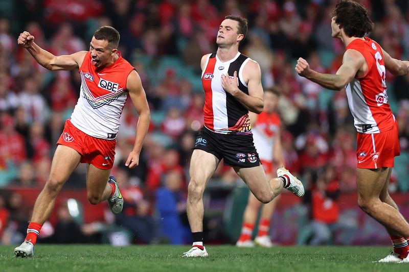 Oliver Florent of the Swans celebrates kicking a goal during the round 15 AFL match between the Sydney Swans and the St Kilda Saints at Sydney Cricket Ground on June 25, 2022 in Sydney, Australia. (Photo by Cameron Spencer/Getty Images)