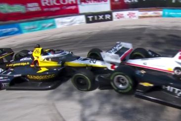 Colton Herta (No.22) hits the back of Josef Newgarden (No.2) causing his car to stall. 
