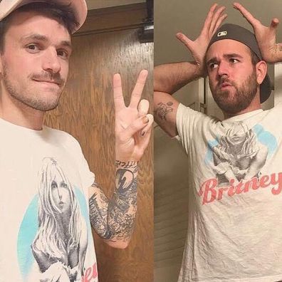 Unread host Chris Stedman and his friend Alex Small wearing Britney Spears t-shirts