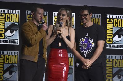 Joseph Quinn, from left, Vanessa Kirby, and Pedro Pascal attend a panel for Marvel Studios during Comic-Con International