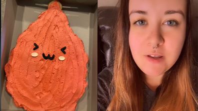 Left: Blood-drop shaped cake. Right: Mum Jade Powell facing camera