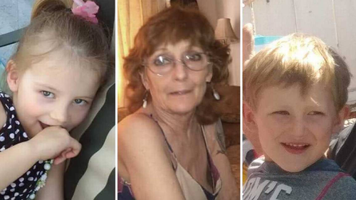 Melody Bledsoe (centre) and her great-grandchildren Emily Roberts, 4, and brother James, 5, died in the wildfire. Picture: Supplied