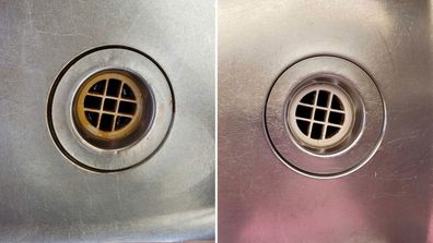 Kitchen sink drain hole before and after polish clean