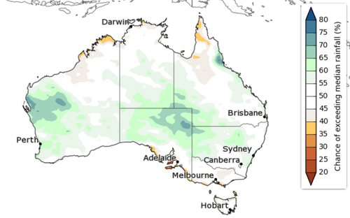 A map of Australia showing the rainfall forecast for winter.