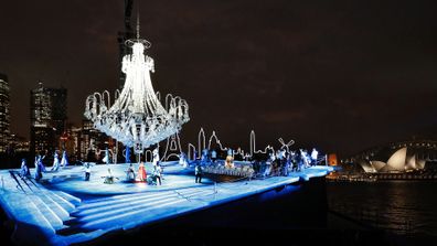 Stacey Alleaume as Violetta Valéry and the cast of La Traviata in Handa Opera on Sydney Harbour's 2021 production at Mrs Macquaries Point. 