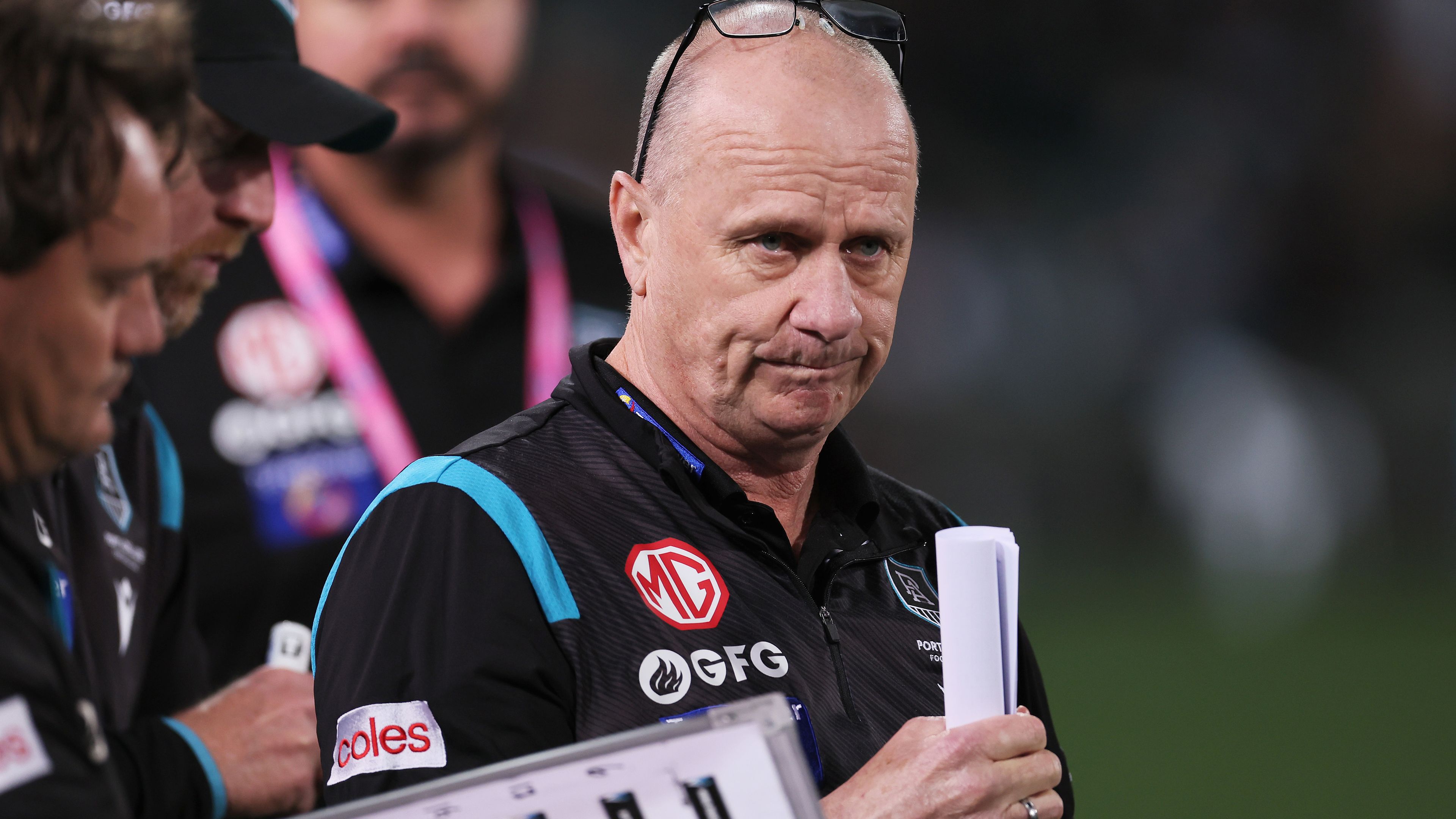 ADELAIDE, AUSTRALIA - SEPTEMBER 16: Ken Hinkley, Senior Coach of the Power during the 2023 AFL Second Semi Final match between the Port Adelaide Power and the GWS GIANTS at Adelaide Oval on September 16, 2023 in Adelaide, Australia. (Photo by James Elsby/AFL Photos via Getty Images)