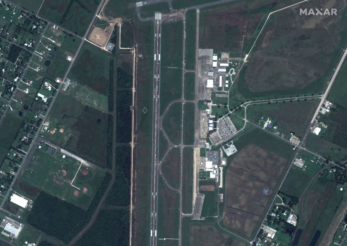 This June 3, 2019, satellite photo provided by Maxar Technologies shows an overview of Lake Charles Regional Airport, in Lake Charles, La., before Hurricane Laura