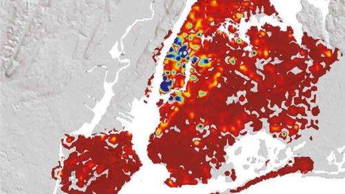 The blue patches show where subsidence is projected to be the worst, most focused on Manhattan.