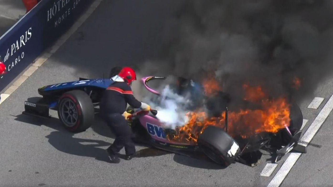 Jack Doohan&#x27;s car on fire after his crash in the F2 race at the Monaco Grand Prix.