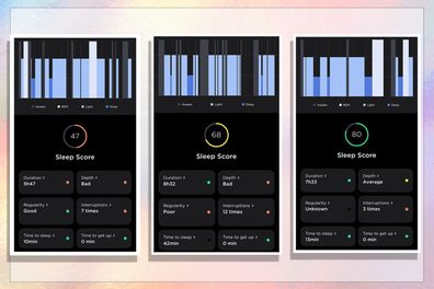 9PR: Three screenshots of sleep analysis review shown on multicoloured background.