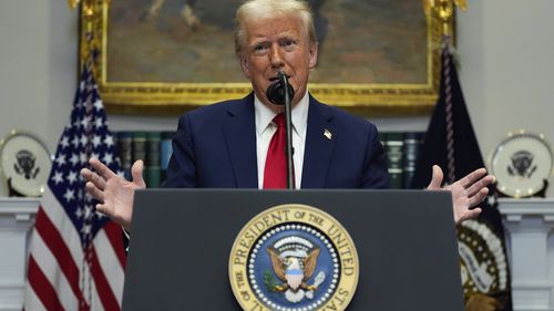 President Donald Trump speaks in the Roosevelt Room of the White House, Tuesday, Jan. 21, 2025, in Washington. (AP Photo/Julia Demaree Nikhinson)