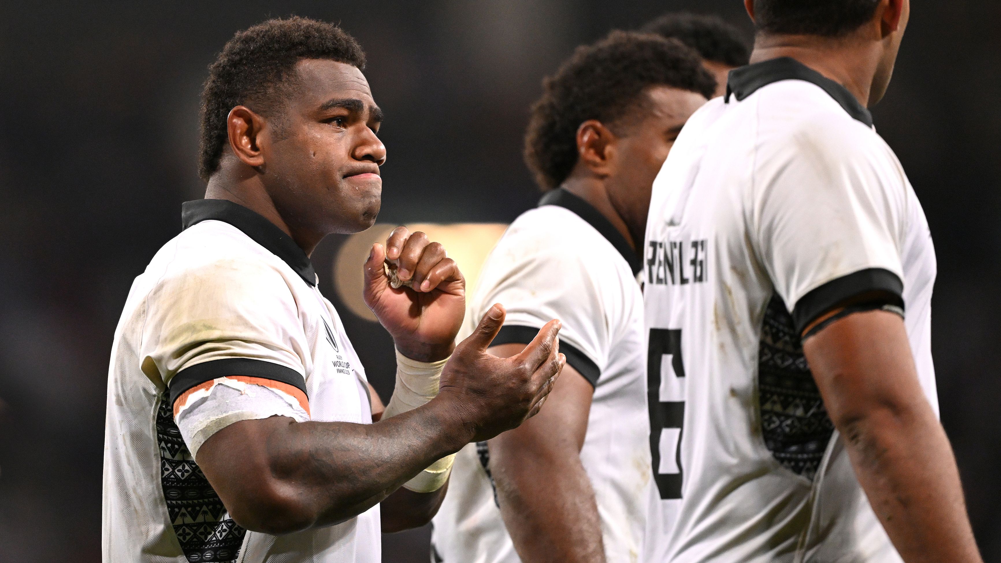 Fiji player Josua Tuisova reacts after the Rugby World Cup loss to Portugal.