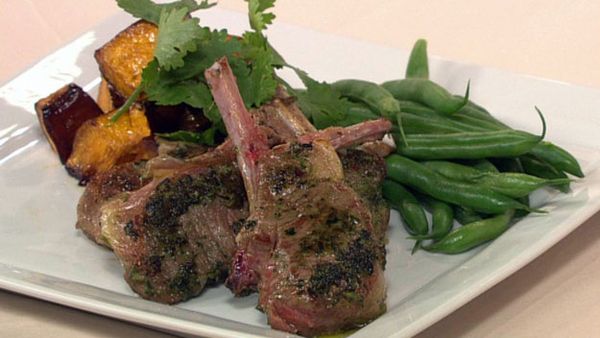 Garlic and ginger lamb cutlets with soy roasted pumpkin