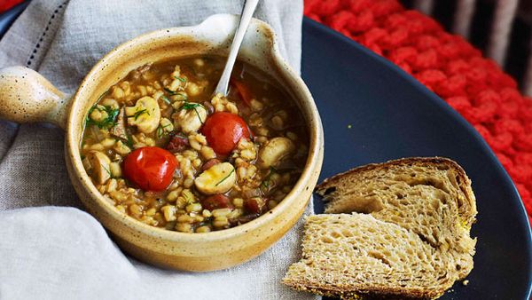 Porcini, pancetta & barley soup with dill