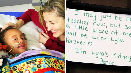 Dena Carreyn and daughter Lyla; the note from teacher Beth Battista. (Facebook/Dena Carreyn)