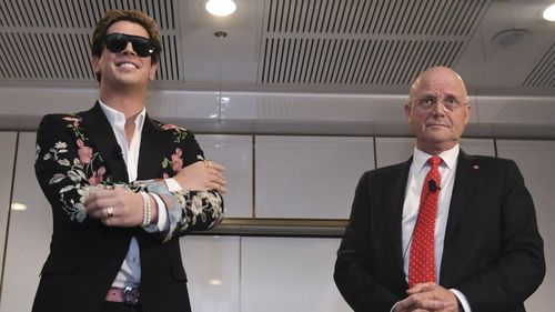 Alt-right commentator Milo Yiannopoulos with Liberal Democrat Senator David Leyonhjelm. (Image: AAP)