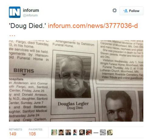The short and sweet obituary for North Dakota man Douglas Legler. (Twitter, @inforum)