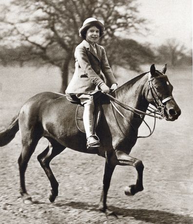 Princess Elizabeth, later Queen Elizabeth, riding her pony in Windsor Great Park, 1930s.