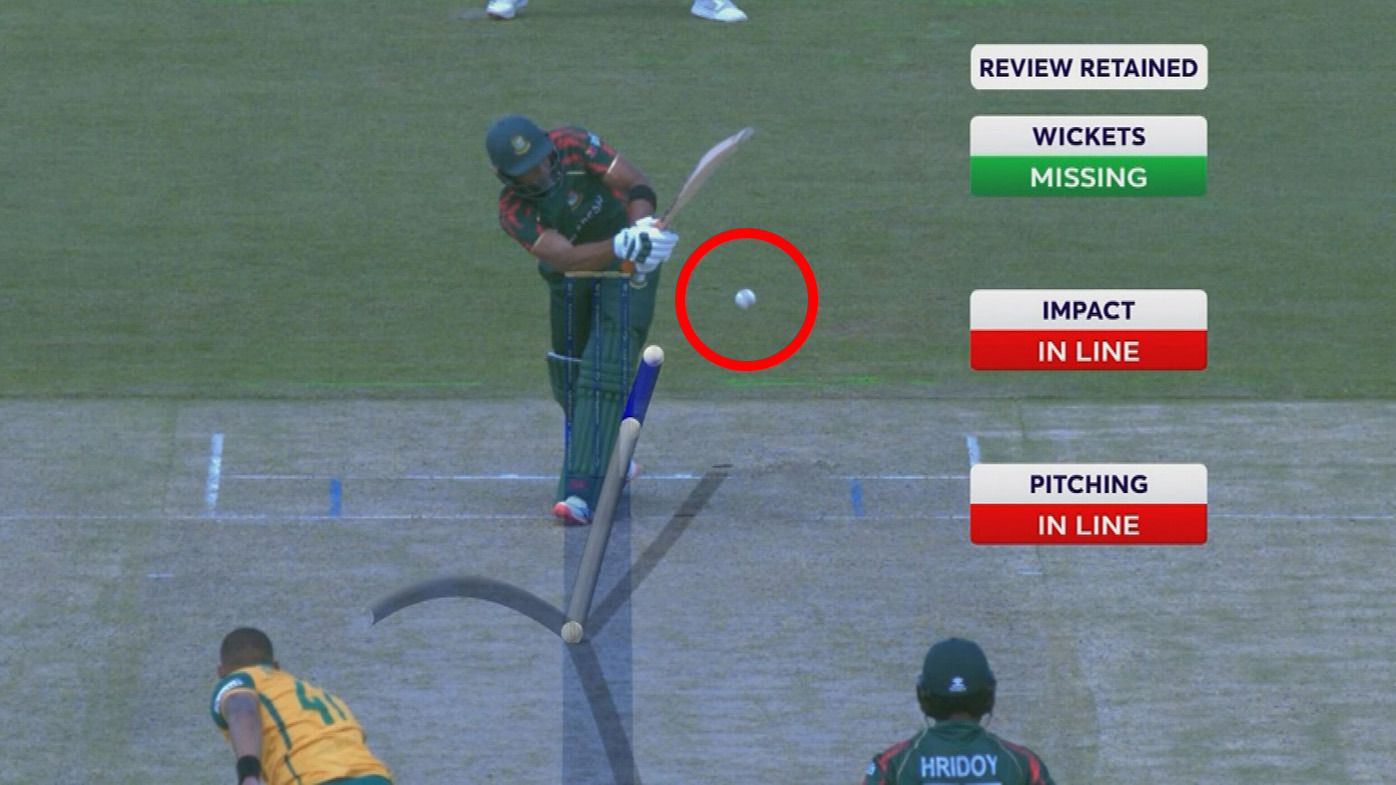 Bangladesh batter Mahmudullah was given out lbw late in the T20 World Cup clash against South Africa, but was overturned on DRS. The ball ran away for four leg-byes.