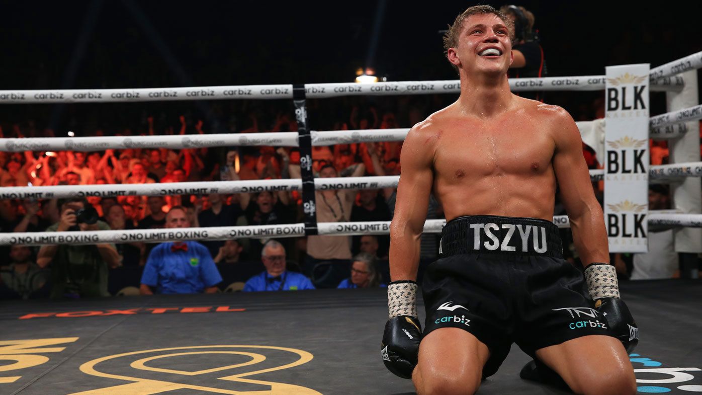 Nikita Tszyu celebrates after claiming the Australian super welterweight title with his win over Dylan Biggs