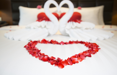 Hotel honeymoon rose petal display on bed