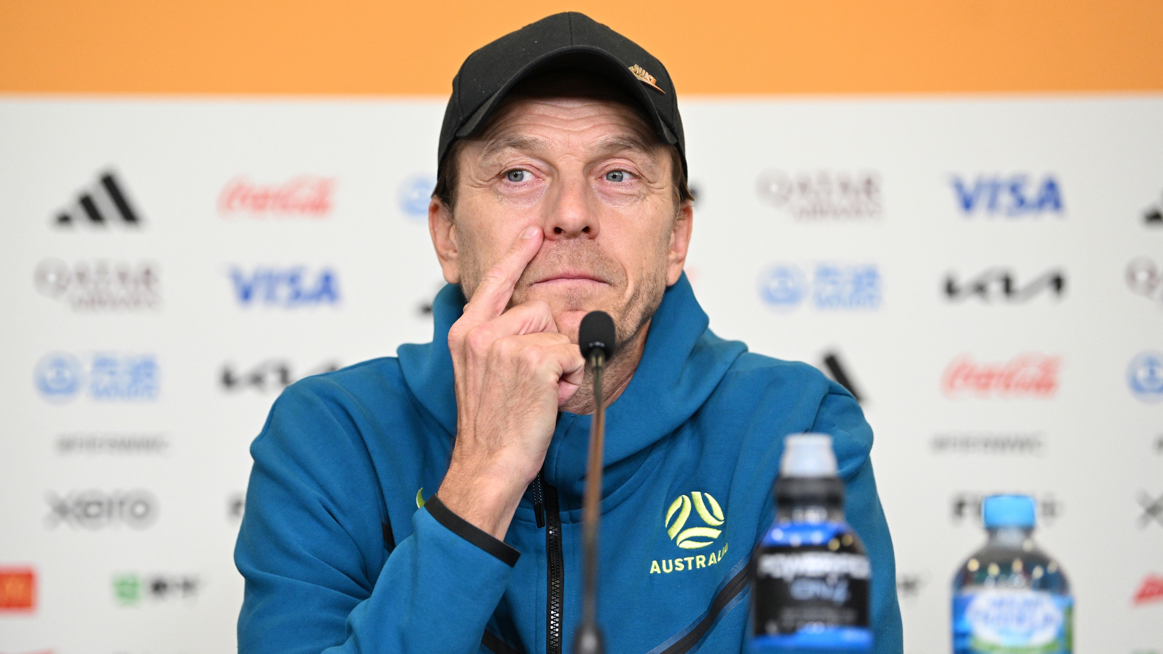 Tony Gustavsson speaks during the Matildas pre-match press conference ahead of their third-place playoff against Sweden.