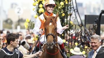 Craig Williams celebrates after riding Vow And Declare to the 2019 Melbourne Cup win.