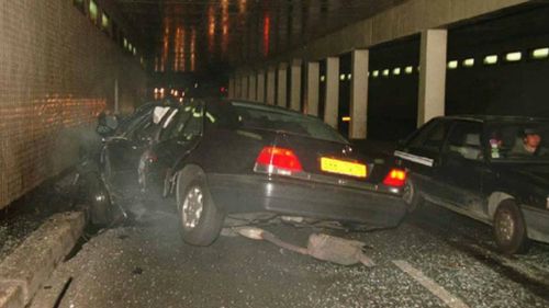 The wreckage of Diana's car in a Paris tunnel. (AAP)