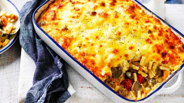 Cheesy mushroom, bacon and vegetable pasta bake recipe for Australian Mushrooms