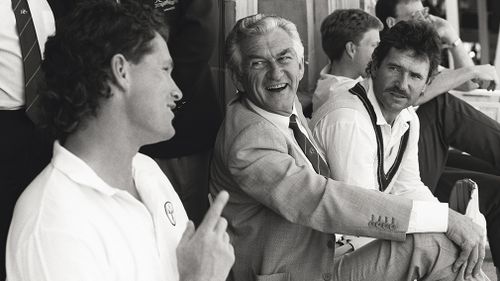 Bob Hawke, then Prime Minister of Australia, laughing with Dean Jones (left) and captain Allan Border (right) during play at the 2nd Ashes test match against England at Lord's in 1989. (Philip Brown, Popperfoto, Getty Images)